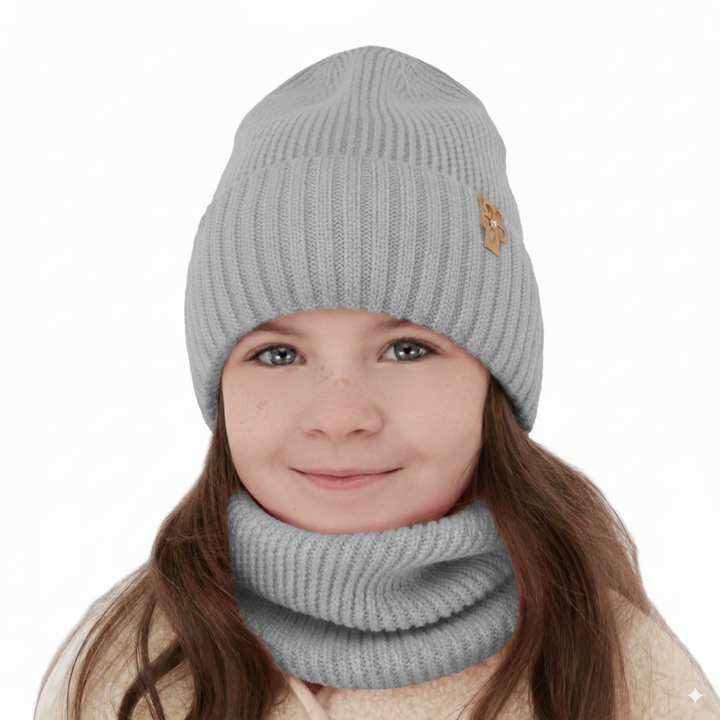 Ensemble d'hiver fille: bonnet et snood, gris, avec laine mérinos, Nelita