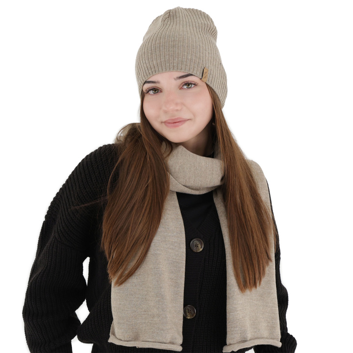 Ensemble d'hiver femme: bonnet et écharpe, beige, Fena