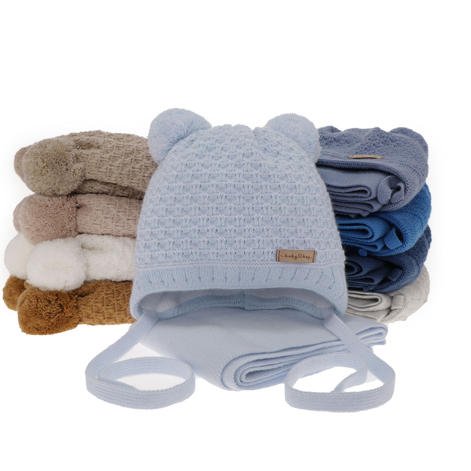 Ensemble d'hiver garçon: bonnet et écharpe, bleu, avec deux pompons, Franki