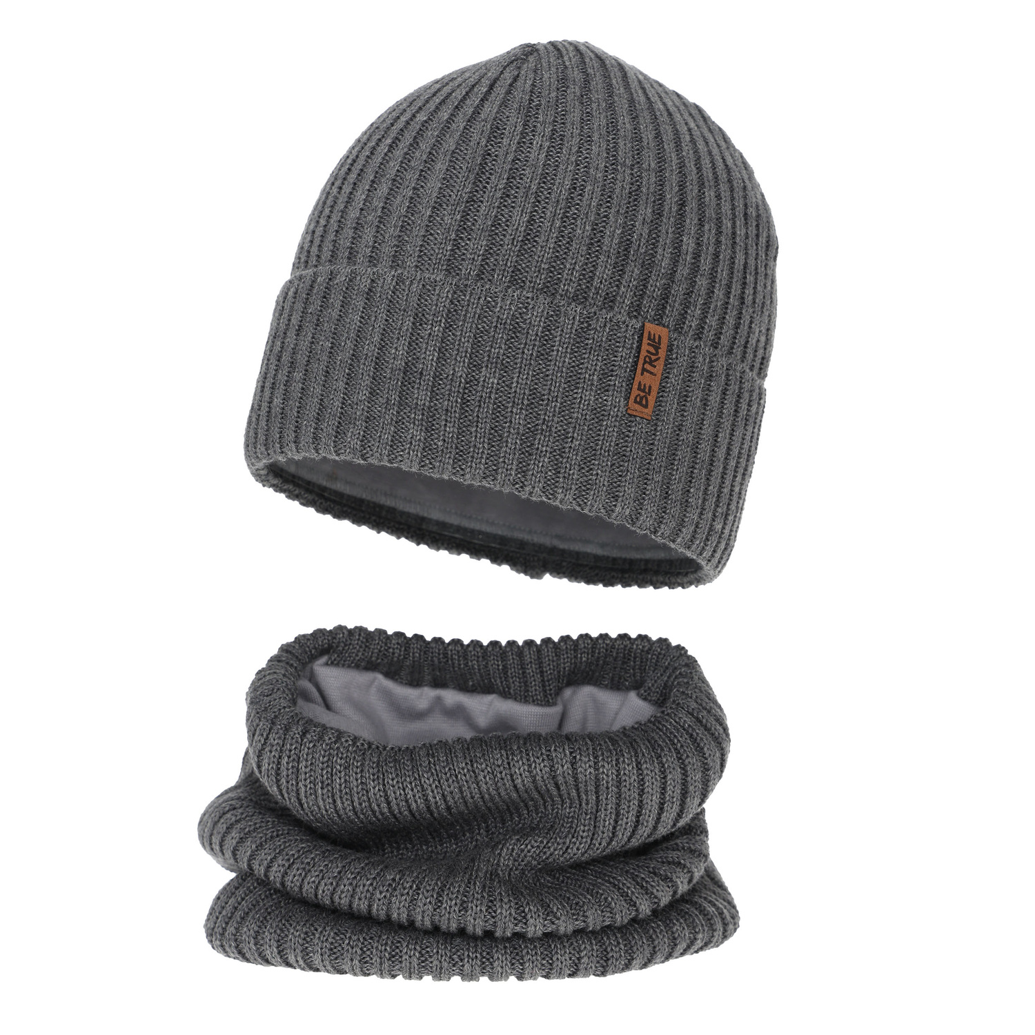 Ensemble d'hiver garçon: bonnet et snood, doublé de coton, gris, avec laine mérinos, Colton