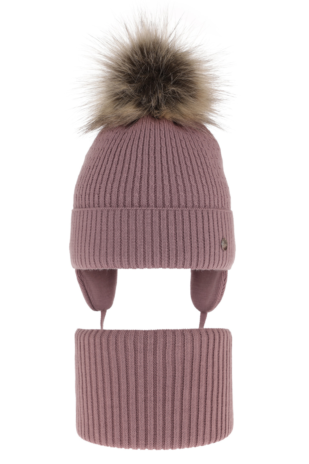Ensemble d'hiver fille: bonnet et snood, violet, avec liens, avec pompon, Debra