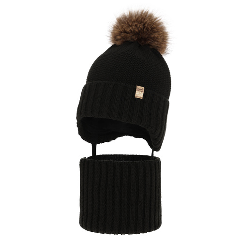 Ensemble d'hiver garçon: bonnet et snood, noir, avec pompon, Kayen