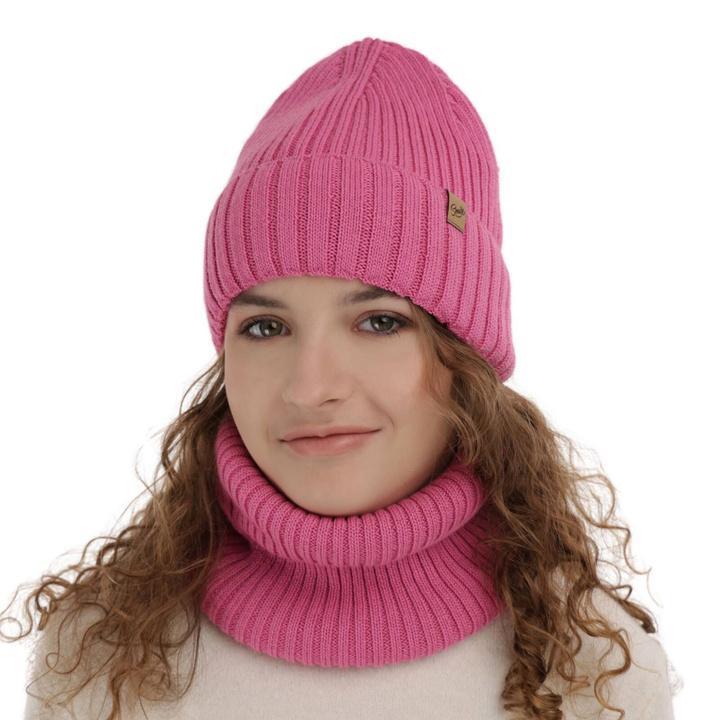 Ensemble d'hiver fille: bonnet et snood, rose, avec laine mérinos, Mesalia