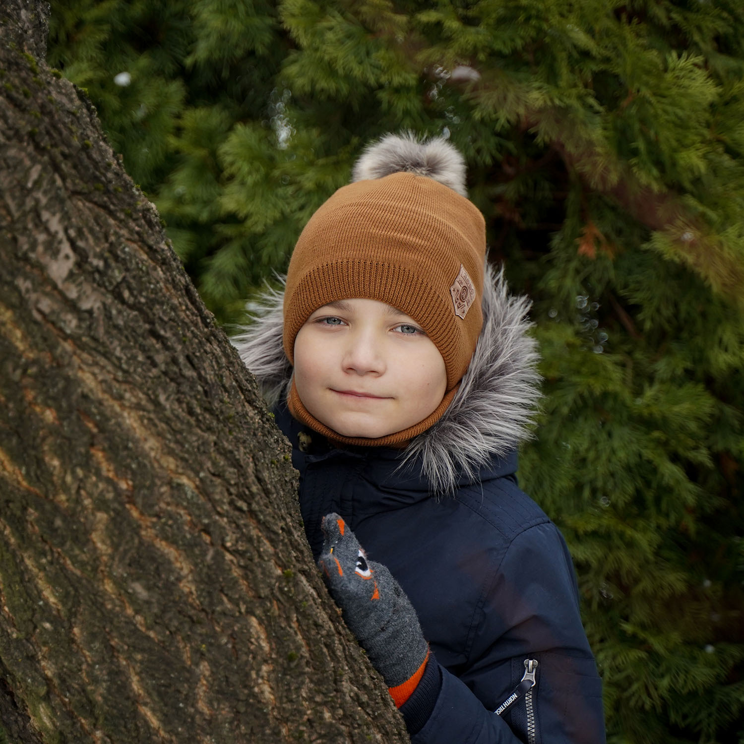 Ensemble d'hiver garçon: bonnet et snood, camel, avec pompon, Apolin