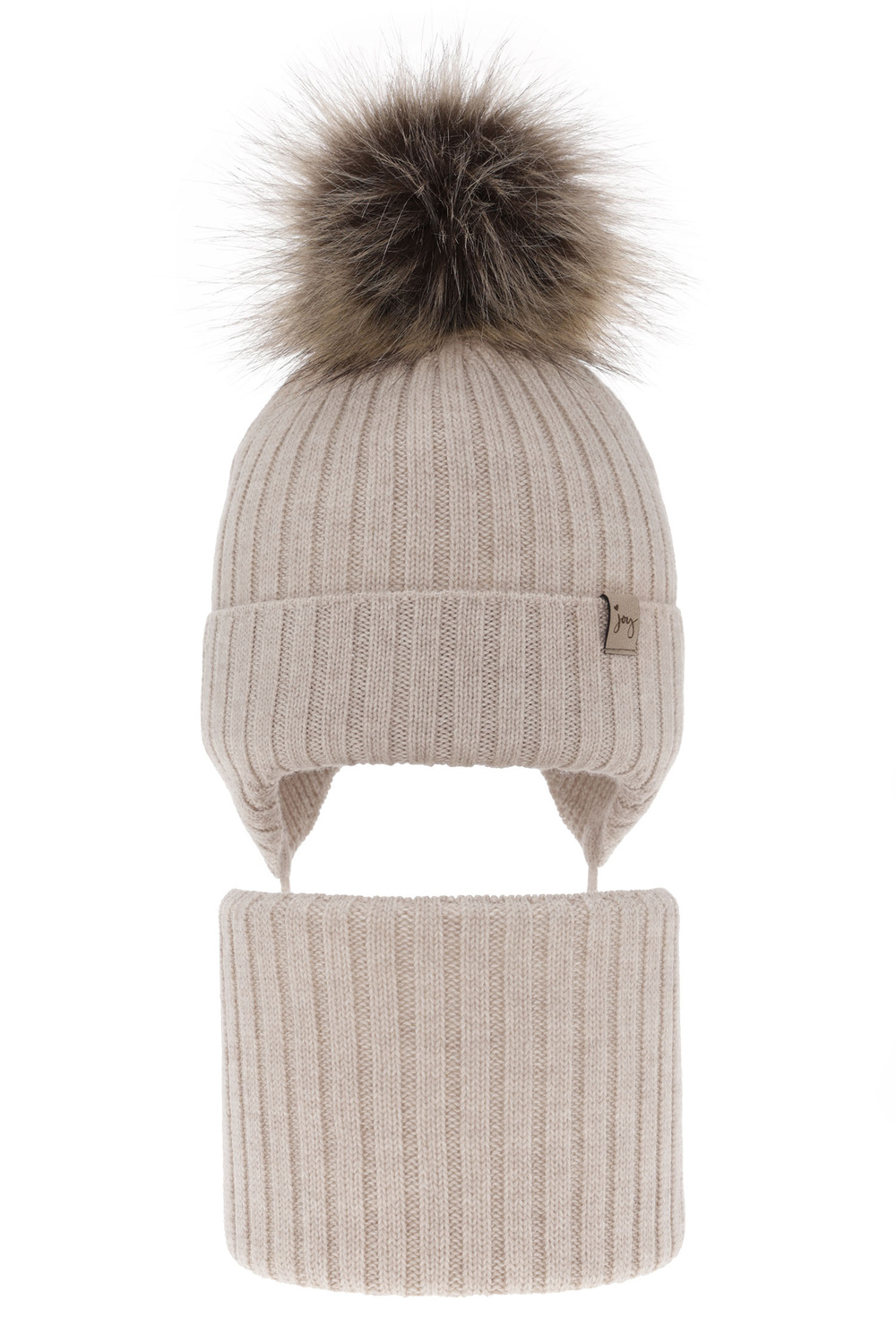 Ensemble d'hiver fille: bonnet et snood, beige, avec laine mérinos, avec liens, Junika