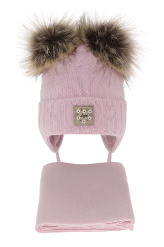 Ensemble d'hiver fille: bonnet et écharpe, lilas, avec deux pompons, Jazz