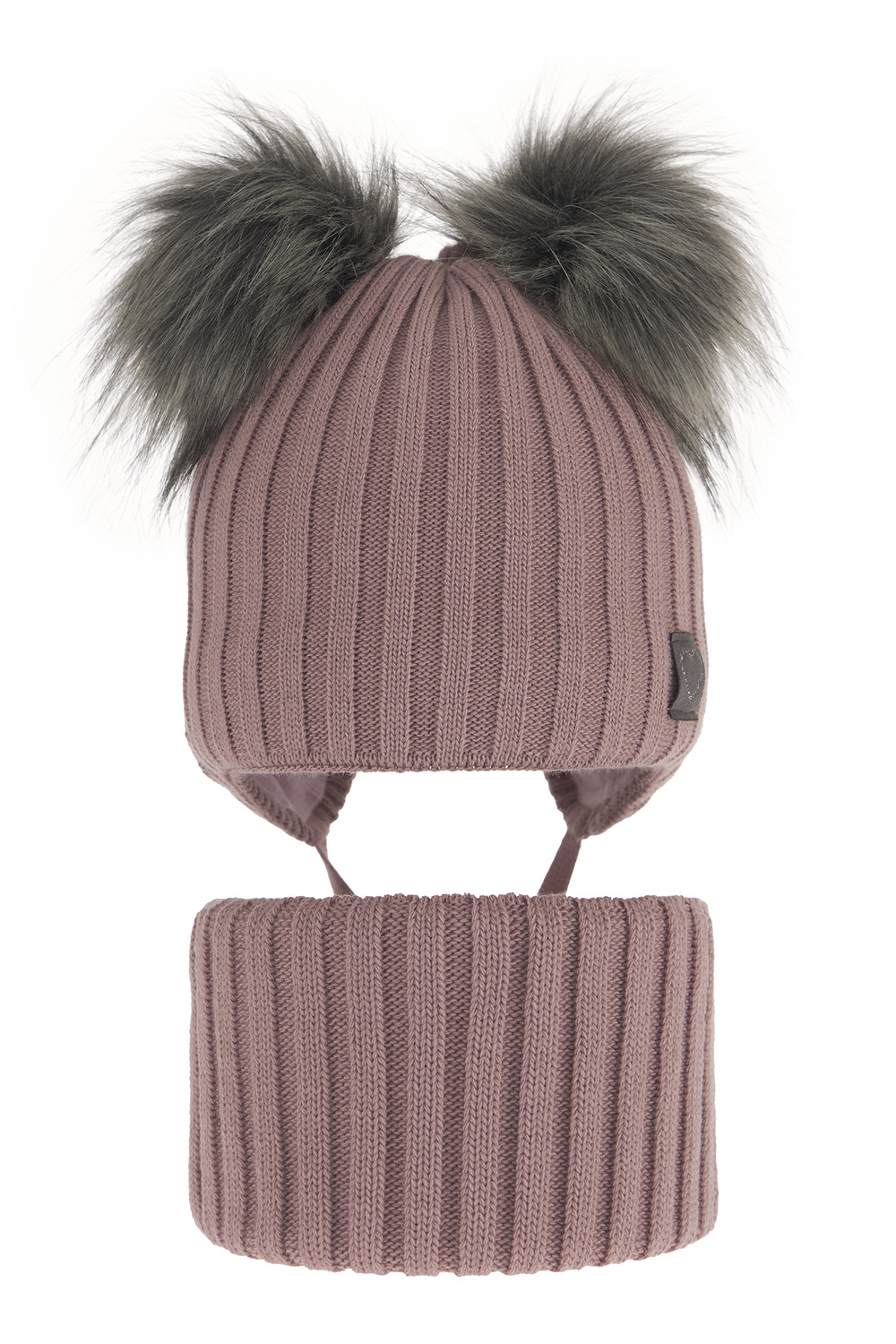 Ensemble d'hiver fille: bonnet et snood, rose, avec deux pompons, avec liens, Telisa