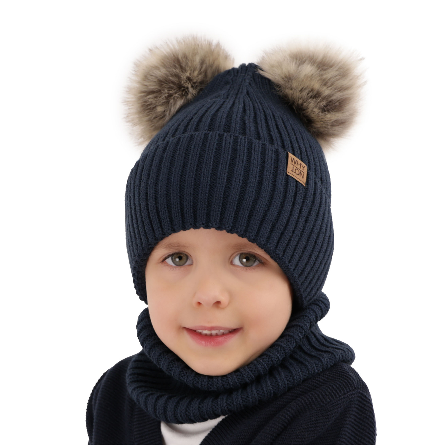 Ensemble d'hiver garçon: bonnet et snood, bleu marine, avec deux pompons, Oxford