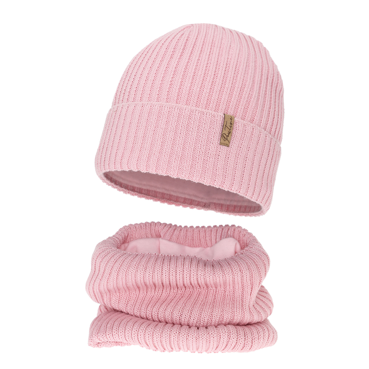 Ensemble d'hiver fille: bonnet et snood doublé de polaire, rose, avec laine mérinos, Odette