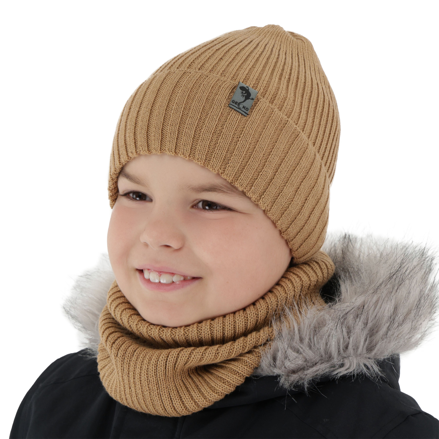 Ensemble d'hiver garçon: bonnet et snood, camel, avec laine mérinos, doublé de polaire, Gecko