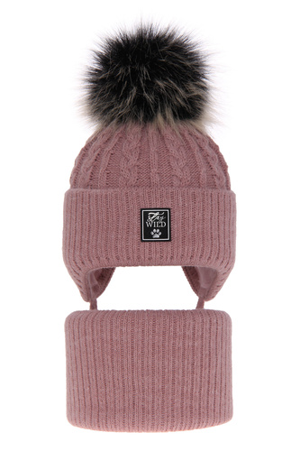 Ensemble d'hiver fille: bonnet et snood, violet, avec liens, avec pompon, Melodia