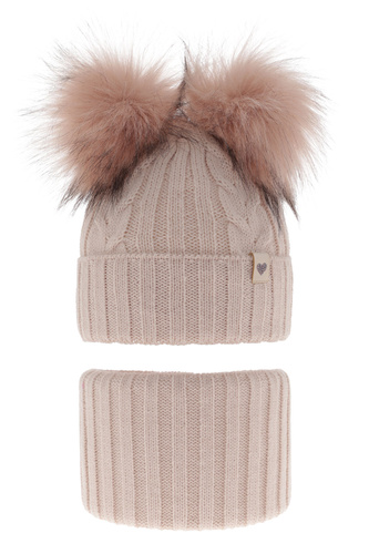 Ensemble d'hiver fille: bonnet et snood, rose, avec deux pompons, Amala