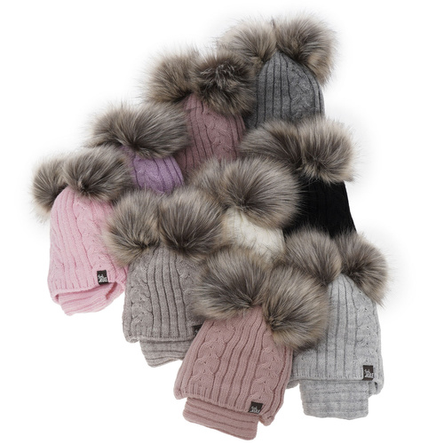Ensemble d'hiver fille: bonnet et snood, violet, avec deux pompons, Marlen