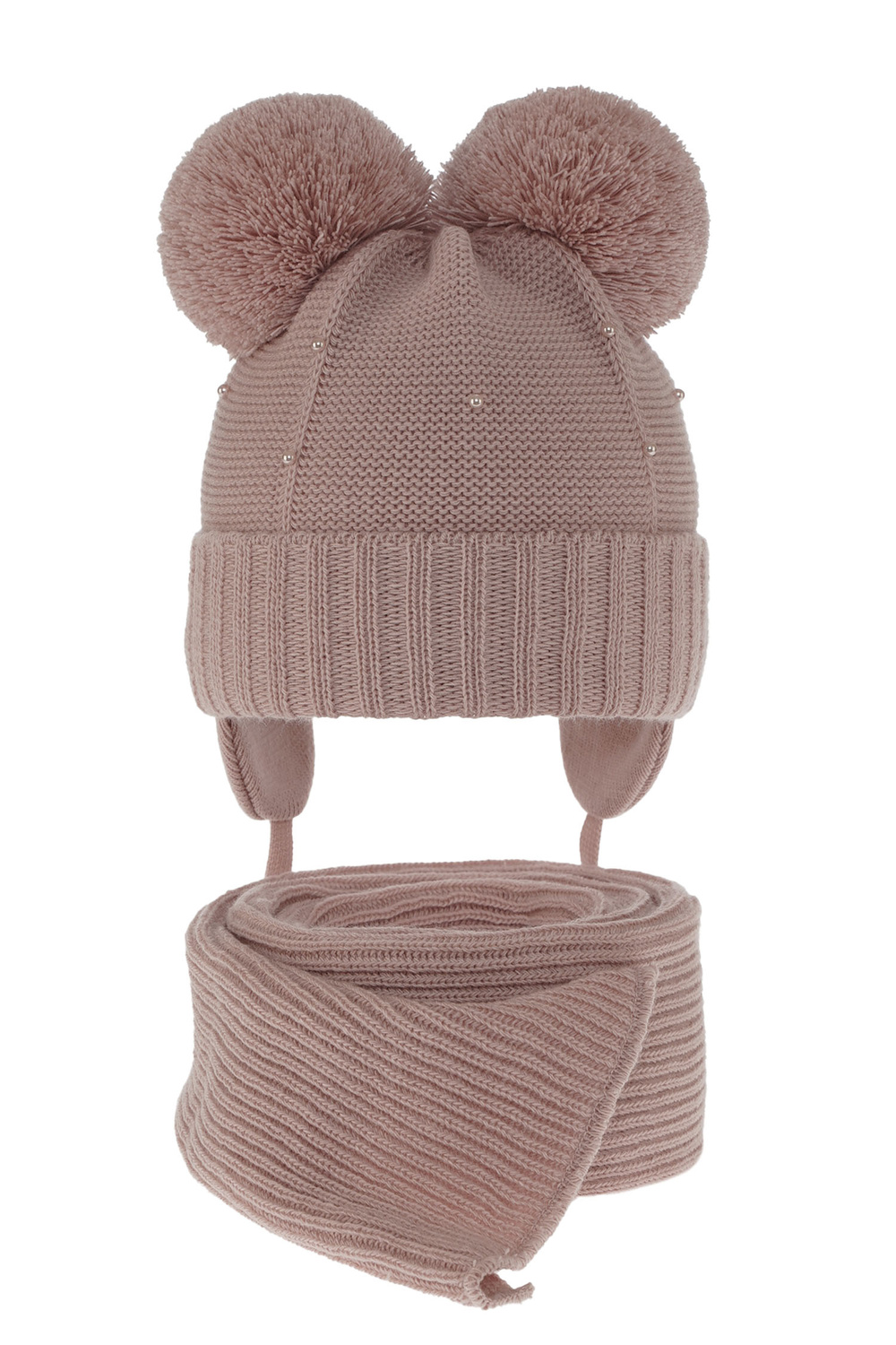 Ensemble d'hiver fille: bonnet et écharpe, rose, avec deux pompons, Fibien
