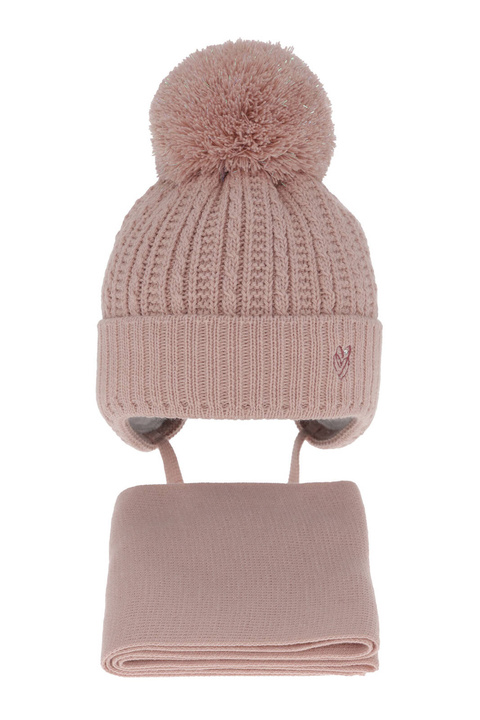 Ensemble d'hiver fille: bonnet et écharpe, rose, avec pompon, Marisa