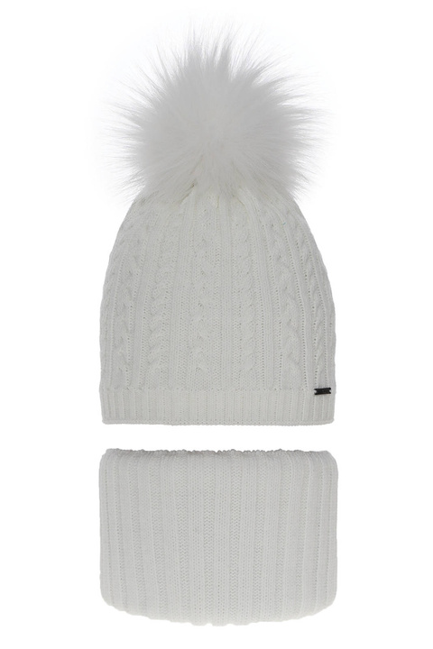 Ensemble d'hiver fille: bonnet et snood, blanc, avec pompon, Rima