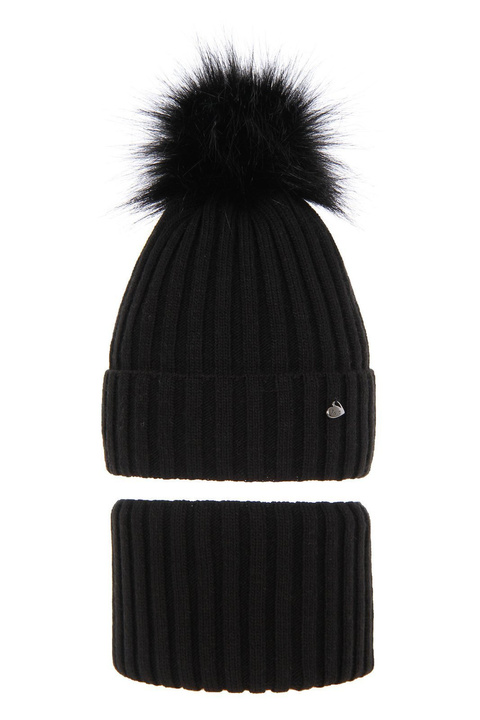 Ensemble d'hiver fille: bonnet et snood, noir, avec pompon, Wilma