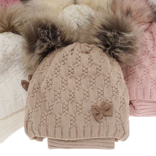 Ensemble d'hiver fille: bonnet et snood, blanc, avec deux pompons, avec liens, Bettina