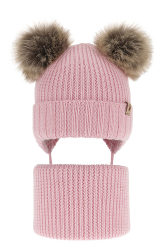 Ensemble d'hiver fille: bonnet et snood, rose, avec deux pompons, 100% Laine Mérinos, Silvia
