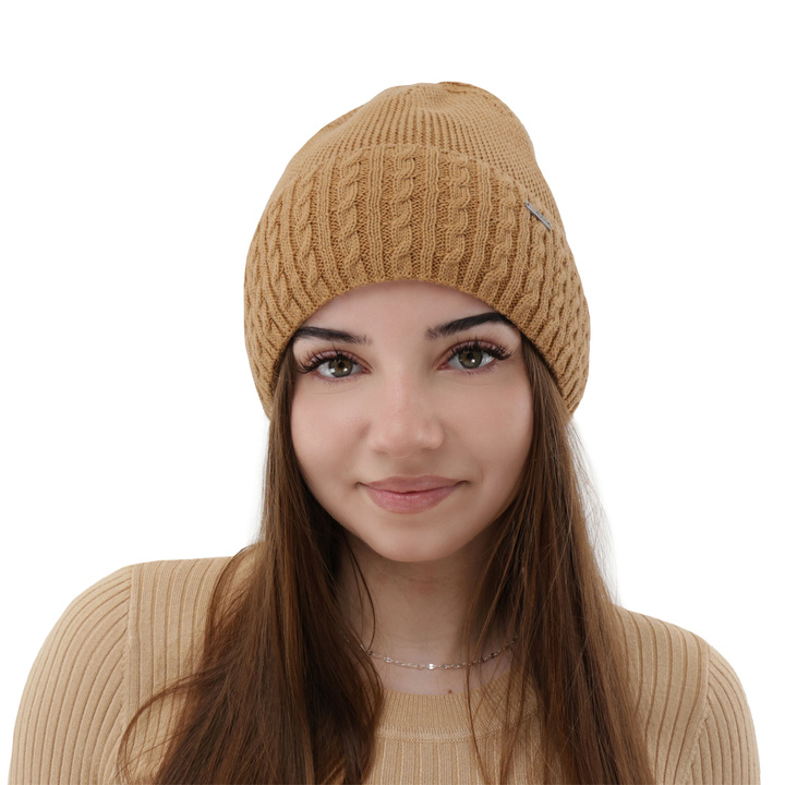 Bonnet d'hiver femme, camel, avec laine mérinos, Febe