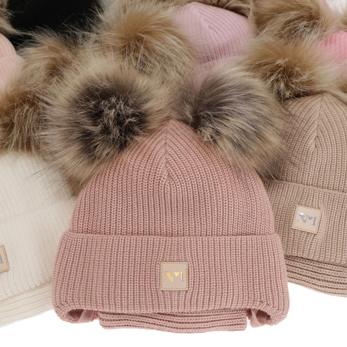 Ensemble d'hiver fille: bonnet et snood, beige, avec deux pompons, avec liens, Kiara