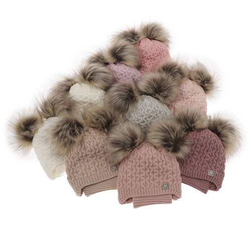 Ensemble d'hiver fille: bonnet et snood, rose clair, avec deux pompons, avec liens, Poliana