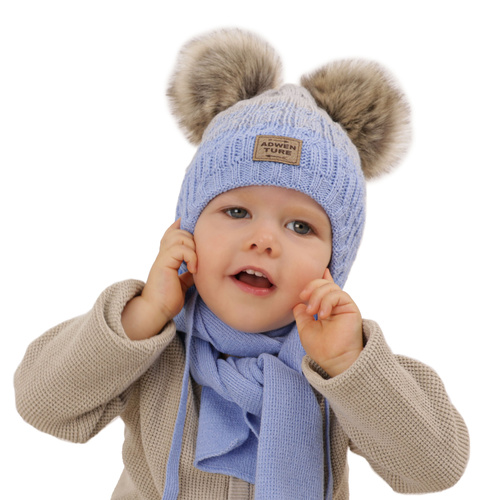 Ensemble d'hiver garçon: bonnet et écharpe, crème, avec deux pompons, Platon