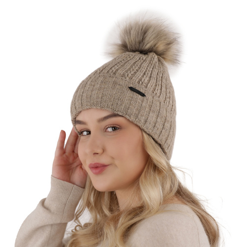 Bonnet d'hiver femme, bordé, avec pompon, Karizma