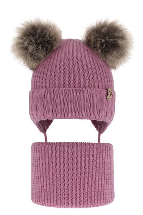 Ensemble d'hiver fille: bonnet et snood, gris, avec deux pompons, avec laine mérinos, Silvia