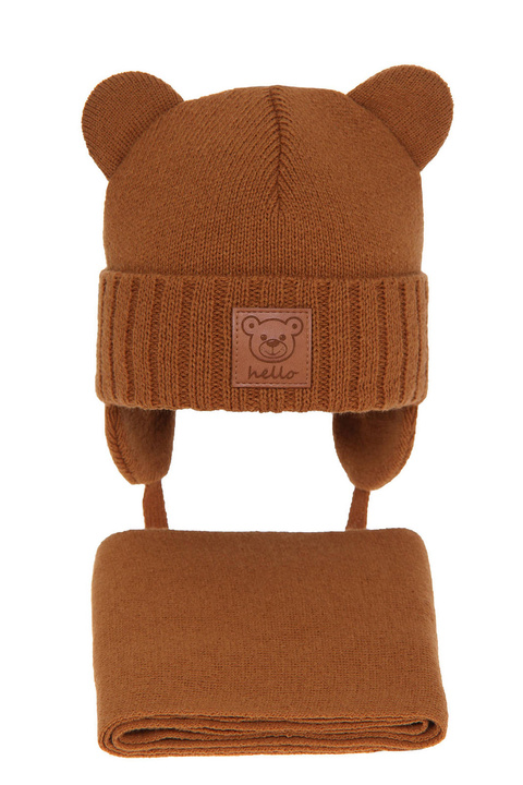 Ensemble d'hiver garçon: bonnet et écharpe, brun, avec liens, Petit