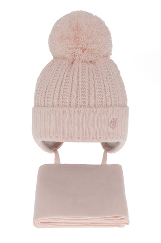 Ensemble d'hiver fille: bonnet et écharpe, rose clair, avec liens, avec pompon, Marisa