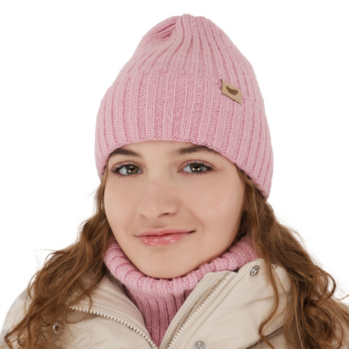 Ensemble d'hiver fille: bonnet et snood, beige, avec laine mérinos, Karmina