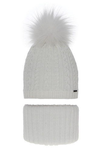 Ensemble d'hiver fille: bonnet et snood, blanc, avec pompon, Rima