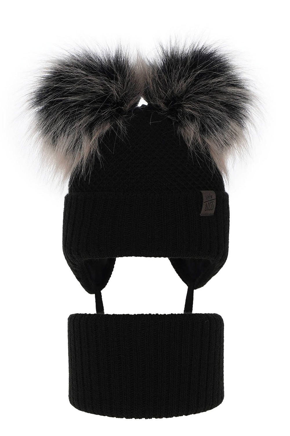 Ensemble d'hiver garçon: bonnet et snood, noir, avec deux pompons, avec liens, Randel