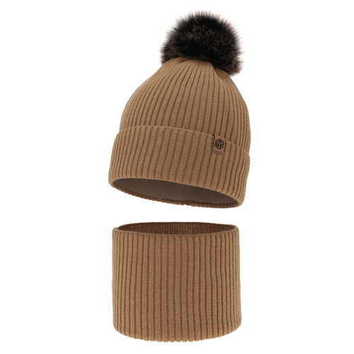 Ensemble d'hiver garçon: bonnet et snood, camel, avec pompon, Wizar