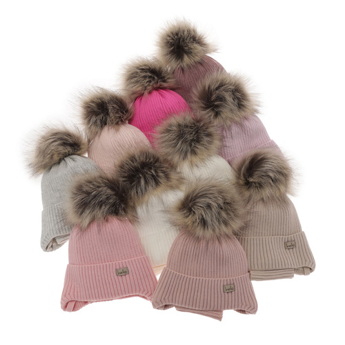 Ensemble d'hiver fille: bonnet et snood, blanc, avec liens, avec pompon, Bria