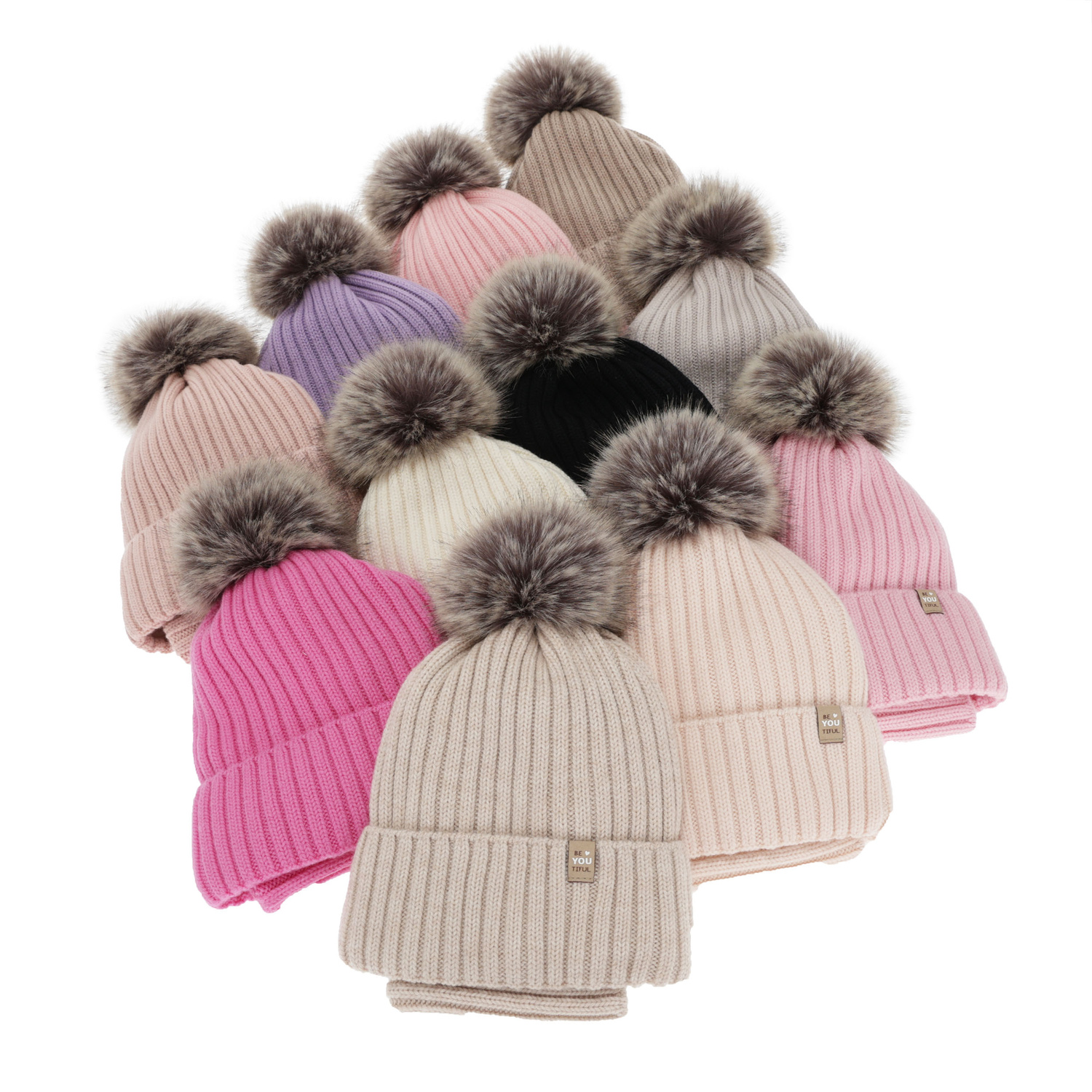 Ensemble d'hiver fille: bonnet et snood, rose clair, 100% laine mérinos, doublé de coton, avec pompon, Terida