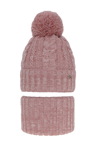 Ensemble d'hiver fille: bonnet et snood, rose, avec pompon, Maroko