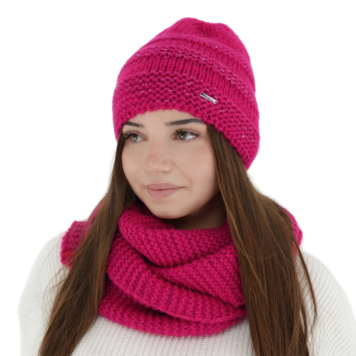 Ensemble d'hiver femme: bonnet et snood, amarante, avec laine mérinos, Driva