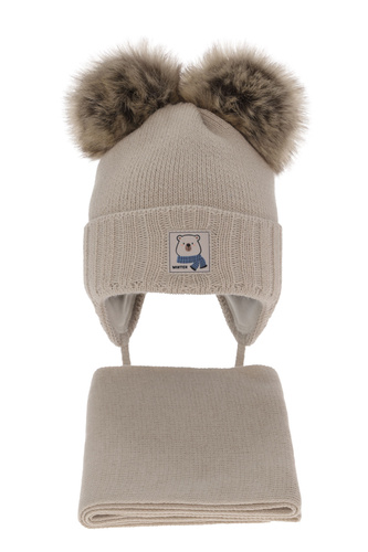 Ensemble d'hiver garçon: bonnet et écharpe, beige, avec deux pompons, Jewel