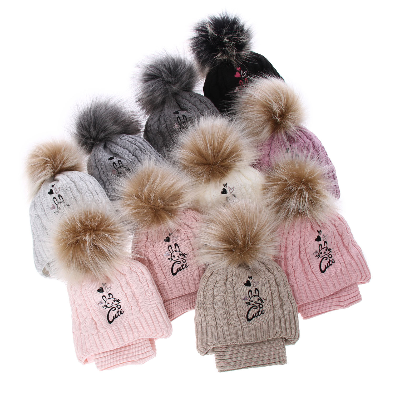 Ensemble d'hiver fille: bonnet et snood, gris, avec pompon, Treccia