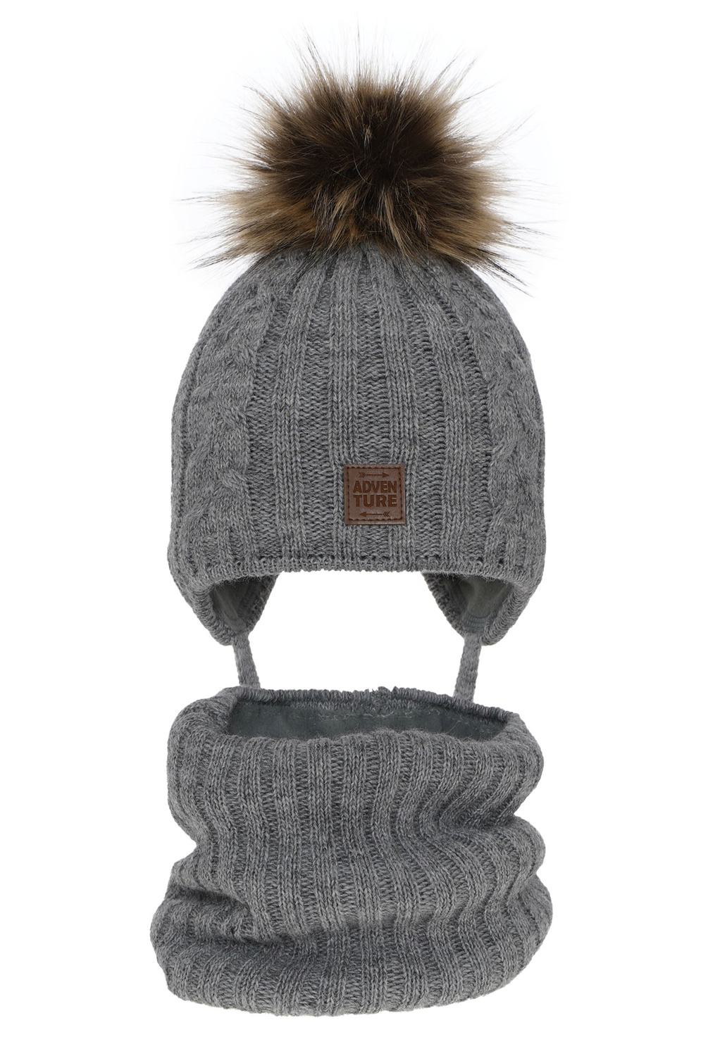 Ensemble d'hiver garçon: bonnet et snood, gris, avec pompon, avec liens, Casper