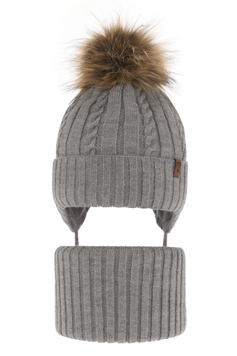 Ensemble d'hiver garçon: bonnet et snood, gris, avec pompon, avec liens, Peter