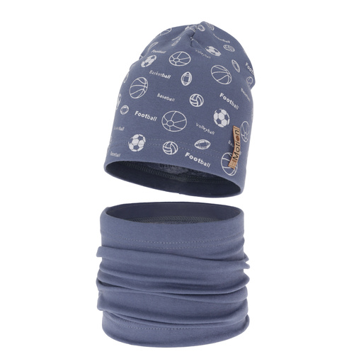Ensemble automne/printemps garçon: bonnet et snood, bleu, en coton, Paolo