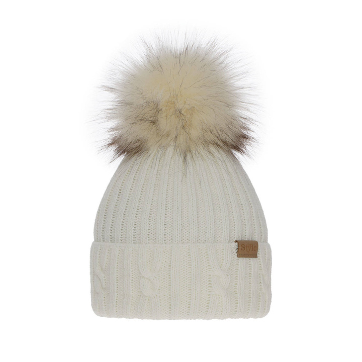 Bonnet d'hiver femme, creme, avec pompon, Lawina