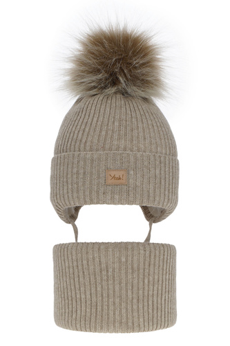 Ensemble d'hiver fille: bonnet et snood, beige, avec pompon, Dilajla