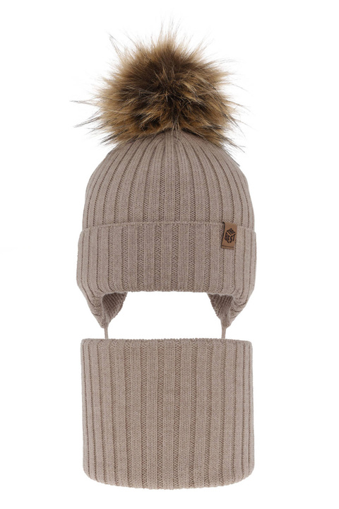 Ensemble d'hiver garçon: bonnet et snood, beige, avec liens, avec laine mérinos, Juno