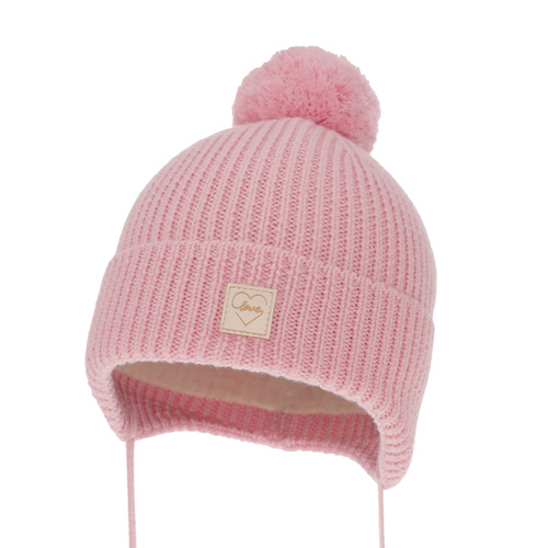 Bonnet d'hiver fille, rose, avec pompon, avec laine mérinos, doublé de coton, avec liens, Havana