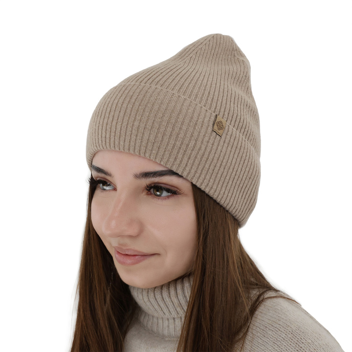 Bonnet d'automne/d'hiver femme, beige, avec laine mérinos et cachemire, Alineta