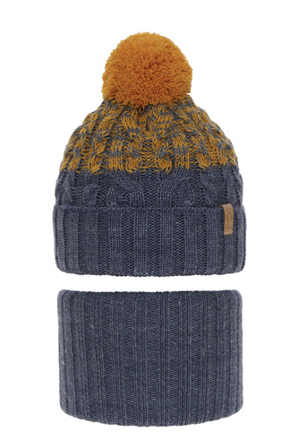 Ensemble d'hiver garçon: bonnet et snood, bleu, avec pompon, Travis